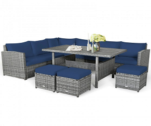 Patio Rattan Dining Furniture with Wicker Ottoman